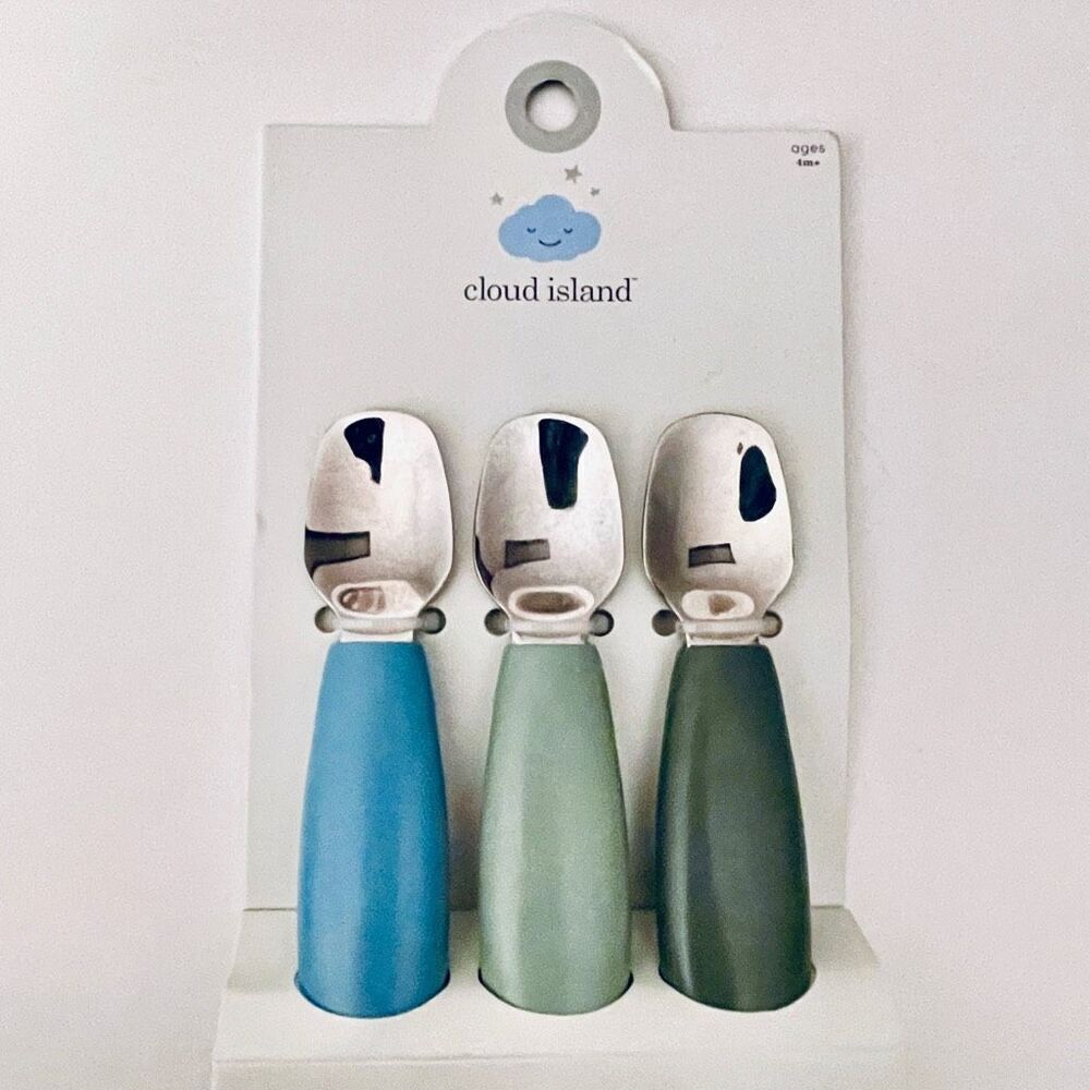 NWT cloud Island 3 Pack Baby stainless steel spoons ergonomic soft touch handles